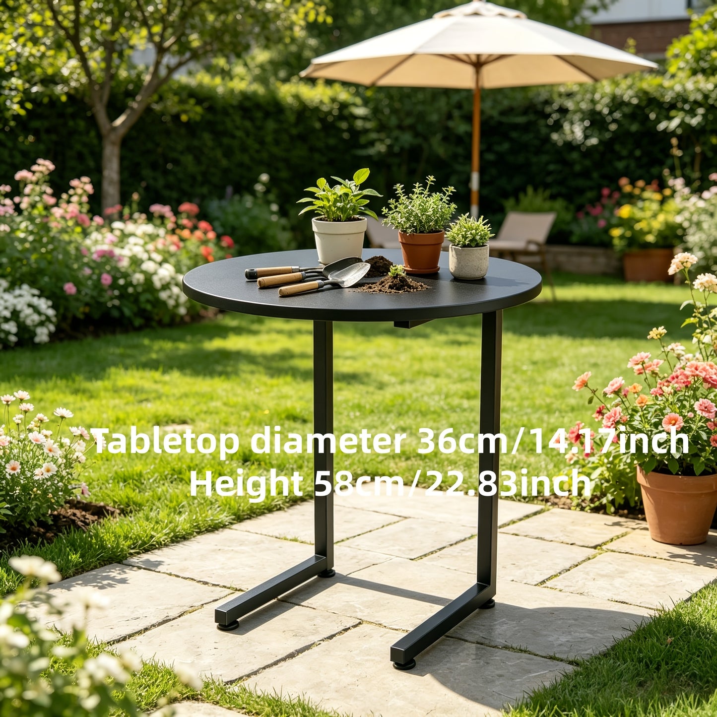 [Outdoor Round Side Table] Outdoor Round Side Table With Double-Layer Storage Shelf, MarbleTexture Imitation Stone Courtyard End Table, Sturdy Black Metal Frame, Weather-Resistant Side Table Is Suitable For Balcony Coffee Corner, Small Space Courtyard/Ter