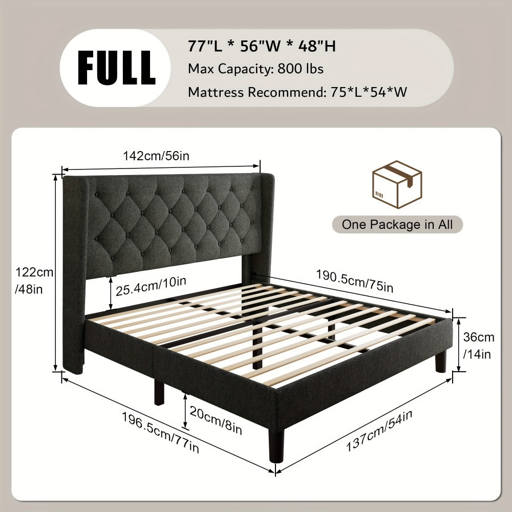Modern Platform Bed Frame with 24-Inch Button-Tufted Headboard – Solid Wood Slats, Artistic Legs, Linen & Velvet, Dark Gray Light Grey Beige White Black, Full Queen King