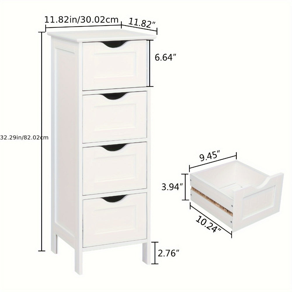 4 Drawer Storage Cabinet White Compact MDF Space Saving Drawer Unit for Bathroom Bedroom Closet Daily Organization