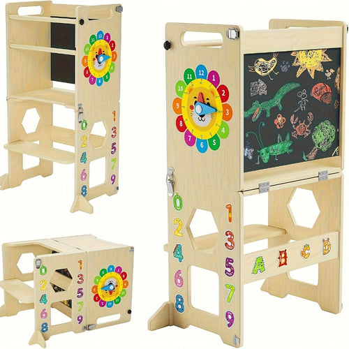 4-in-1 Toddler Learning Tower Foldable Wood Step Stool with Learning Clock & Blackboard, Kids Kitchen Helper Climbing Ladder for Motor Skills Development, Montessori Toddler Furniture, Khaki