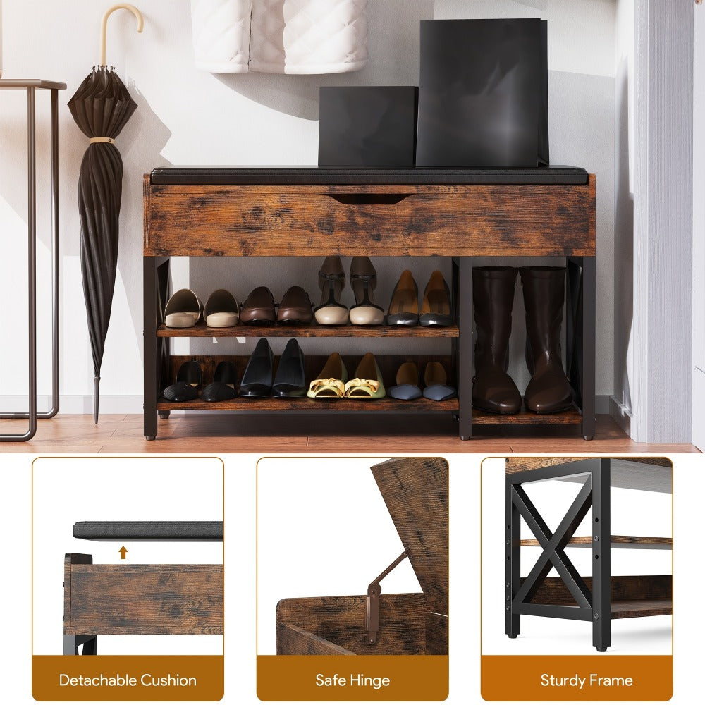 Entryway Shoe Bench with Cushion 7-Pair Vintage Shoe Rack Organizer – Floor-Mounted Storage Bench for Hallway Entryway Bedroom, 35.4" & 39.4", Black & Brown