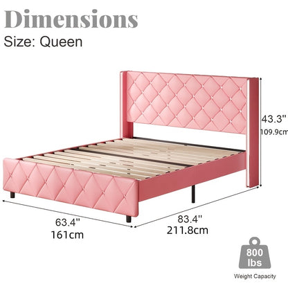 Twin Full Queen King Size Bed Frame, Upholstered Bed Frame with Diamond Tufted Headboard, Modern Silvery Side Wing Back, No Box Spring Needed, Easy Assembly, Purple, Black, Blue, Green, Pink, White