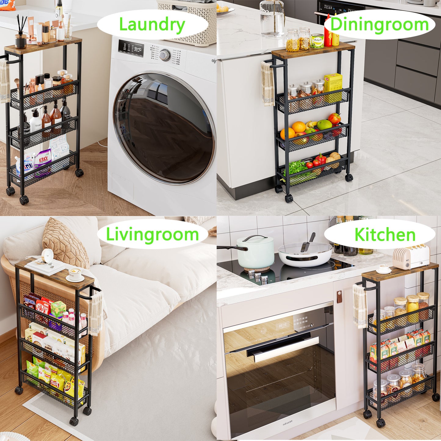 4 Tier Narrow Storage Cart, Metal Rolling Cart with Wheels and Wooden Top for Kitchen, Dining Room, Living Room, Home Office, Black, Assembly Required