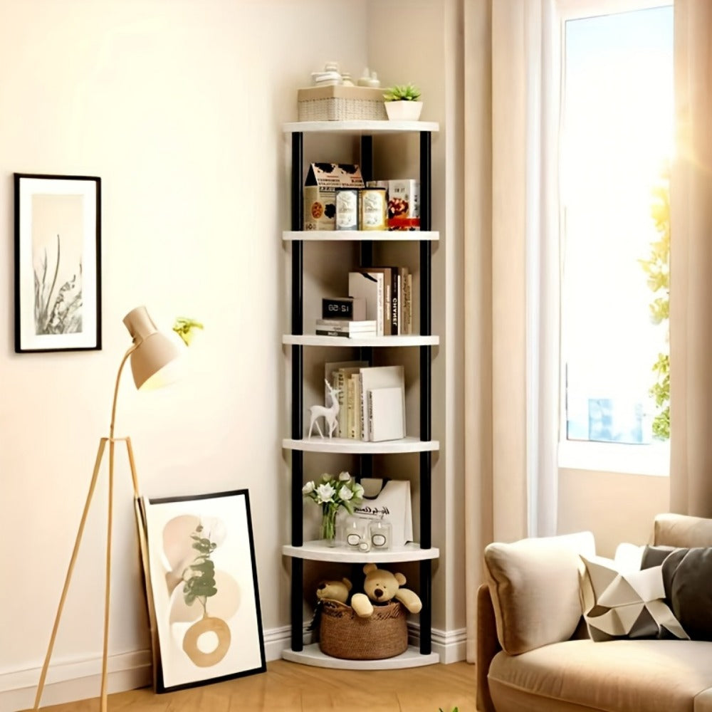 Corner Bookshelf 3/4/5/6 Tier Iron Shelving Unit, Freestanding Corner Storage Shelf for Living Room Bedroom Office, Modern Minimalist Heavy-Duty Space-Saving Decorative Corner Rack