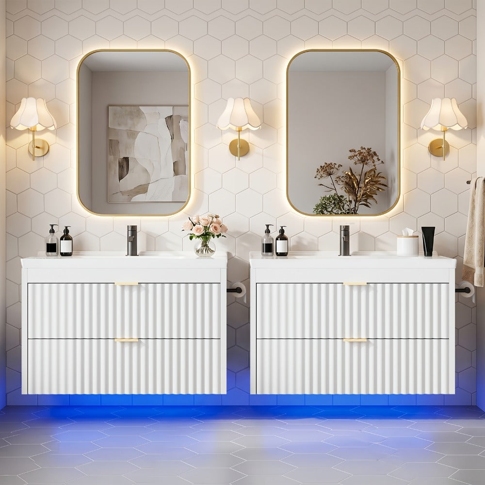 24 Inch Floating Bathroom Vanity with Sink & LED, Wall Mounted Cabinet with 3-Hole Ceramic Sink Wave Line Design 2 Soft-Close Drawers for Small Bathrooms Black White