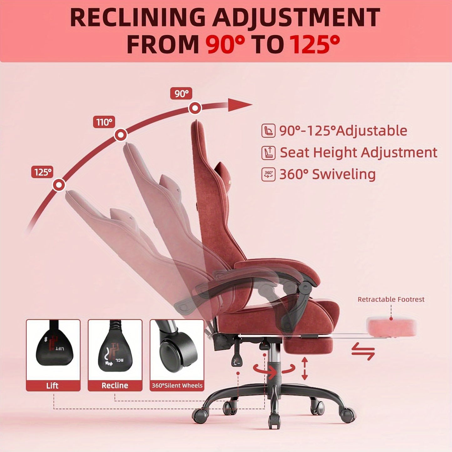 STRACER Velvet Upholstered Gaming Chair Featuring a Footrest, High Back Design, Ergonomic Support for Gamers, Includes Headrest And Massage Lumbar Pillow, Racing Style Reclining Video Game Chair