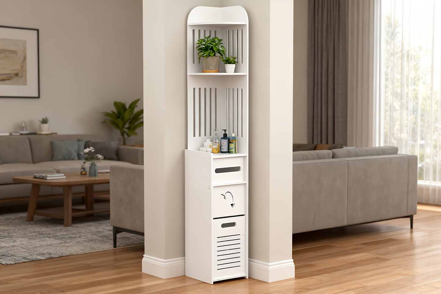 Space-Saving Bathroom Cabinet, 1pc Waterproof Multifunctional Corner Bathroom Storage Cabinet, Freestanding Narrow Space-Saving Organizer with Toilet Paper Holder Stand, Holiday Gift And Home Accessory, Toiletry Organization, Easy Assembly