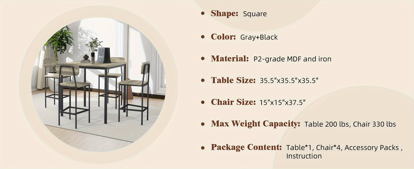 Bifanuo 5pcs Industrial Dining Table Set for 4, Rectangular Kitchen Table And Chairs, Dining Room Set for Small Space