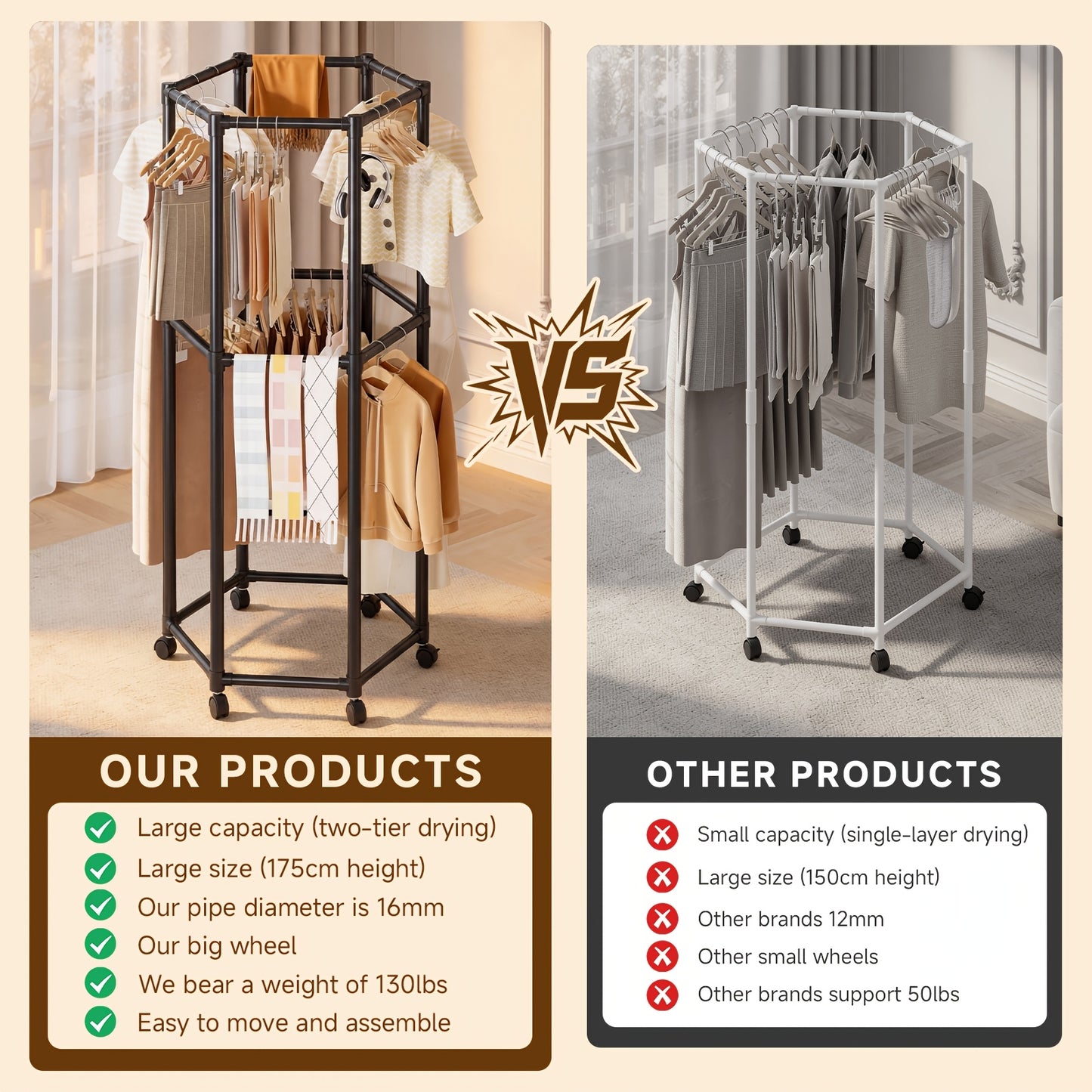 Rotating Clothing Rack with Wheels, Heavy Duty Metal Garment Rack for Hanging Clothes, Multifunctional Rotating Clothing Organizer, Freestanding Closet Organizer for Bedroom, Laundry Room, Space Saving Closet Storage for Coats, Dresses, Pants