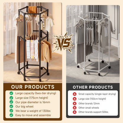 Rotating Clothing Rack with Wheels, Heavy Duty Metal Garment Rack for Hanging Clothes, Multifunctional Rotating Clothing Organizer, Freestanding Closet Organizer for Bedroom, Laundry Room, Space Saving Closet Storage for Coats, Dresses, Pants