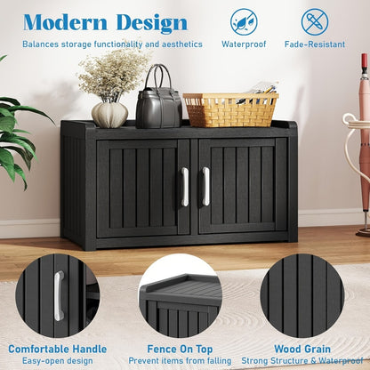 Outdoor Storage Bench with Double Doors & Adjustable Shelf, Entryway Storage Cabinet for Garden Tools & Outdoor Gear, 31.89" Patio Storage Stool in Black & Light Brown, Holiday Gift Idea