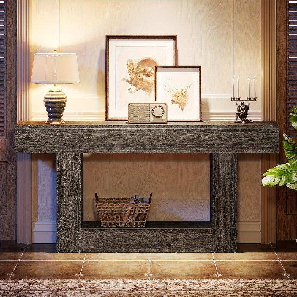 Farmhouse Console Table with U-Shaped Base & Open Shelf, Rustic Country Style MDF Entryway Table for Living Room Hallway Foyer Corridor