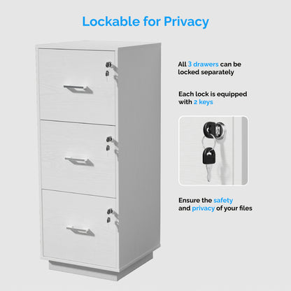 Bonnlo 3-Drawer Lockable File Cabinet - Wood Filling Organizer with 2 Drawers, 27" Height, 3, 2 Cu Ft Storage, Contemporary Style for Home Office, Durable Artificial Wood & Metal Handles, No Assembly Required, File Storage Cabinet, Modern Office Furniture