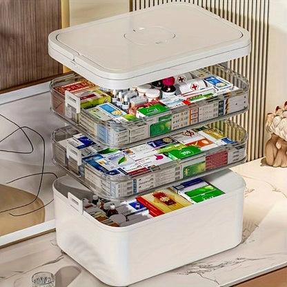 Medicine Storage Box Multi-Layer Large Capacity with Portable Pill Box, Adjustable Dividers, Moisture-Proof Cover & Safety Handle, Home Bathroom Travel Pill Organizer for Vitamins and Supplements (White)