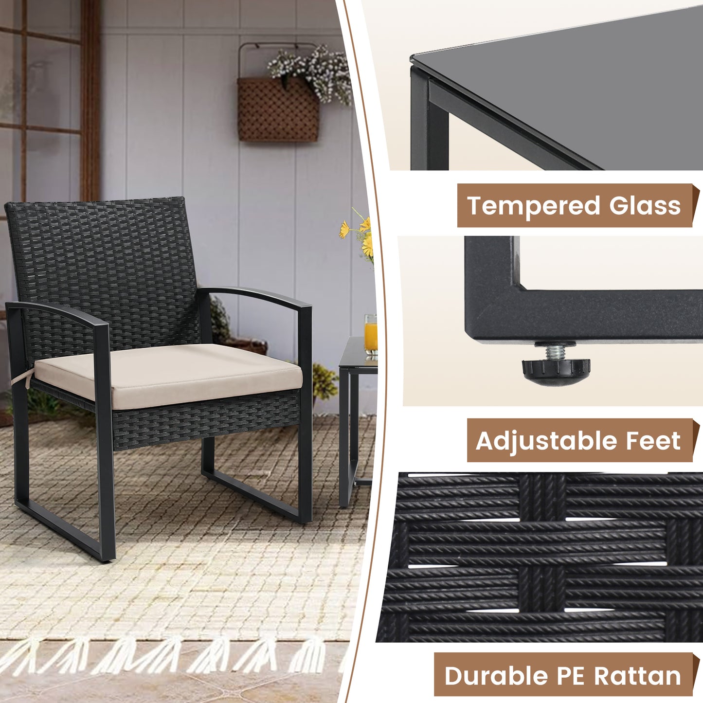 Outdoor Chairs with Bistro Table Furniture Set, Wicker Rattan 3pc Conversation Set includes 2 Waterproof Chairs with Thick Cushions and 1 Bistro Table with Safety Glass Top, Clearance