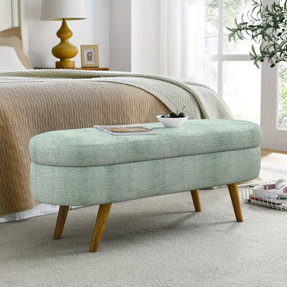 Upholstered Storage Ottoman Bench with Solid Wood Legs, Fabric Padded Footstool & Entryway Bench with Hidden Storage, 43.5" Bedroom Living Room Hallway Bench, 250 lb Capacity, 8 Colors