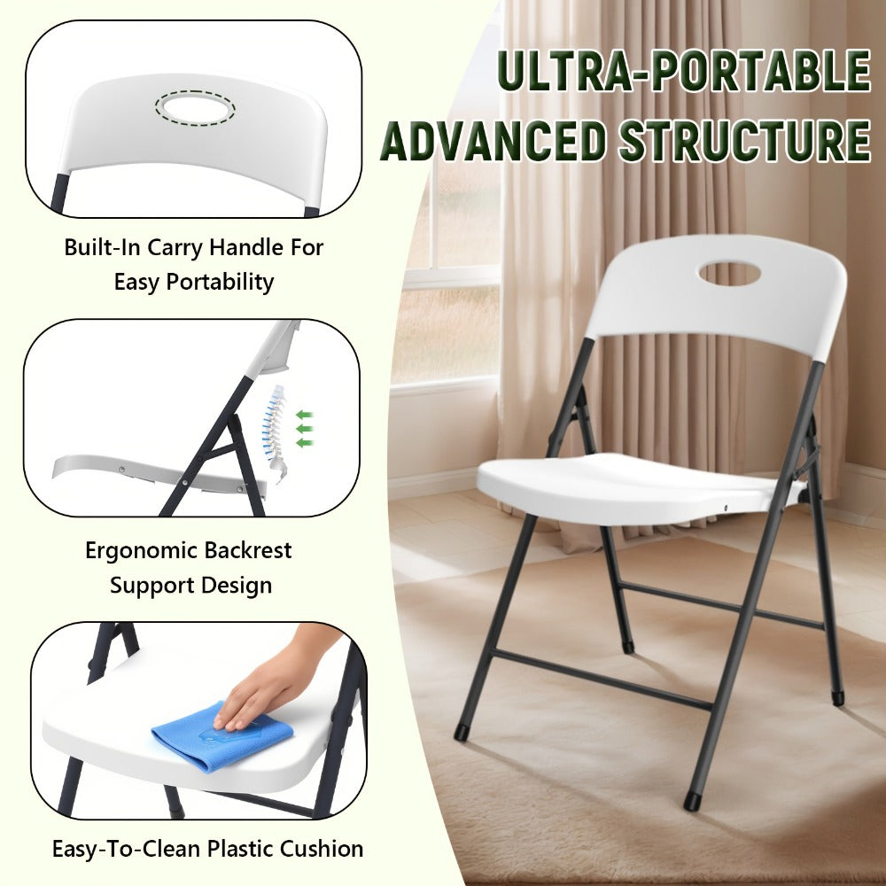 Folding Chairs Set of 4 Stackable Plastic with Iron Frame, 300 lbs Capacity for Indoor Outdoor Party Wedding Patio Garden & Meeting Room