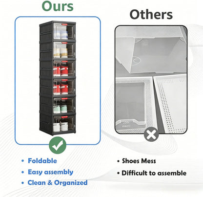 Black Shoe Storage Cabinet 5/6 Tier Foldable Modular with Flip-Top Lid & Clear See-Through Window, Stackable Shoe Organizer for Entryway Closet Bedroom