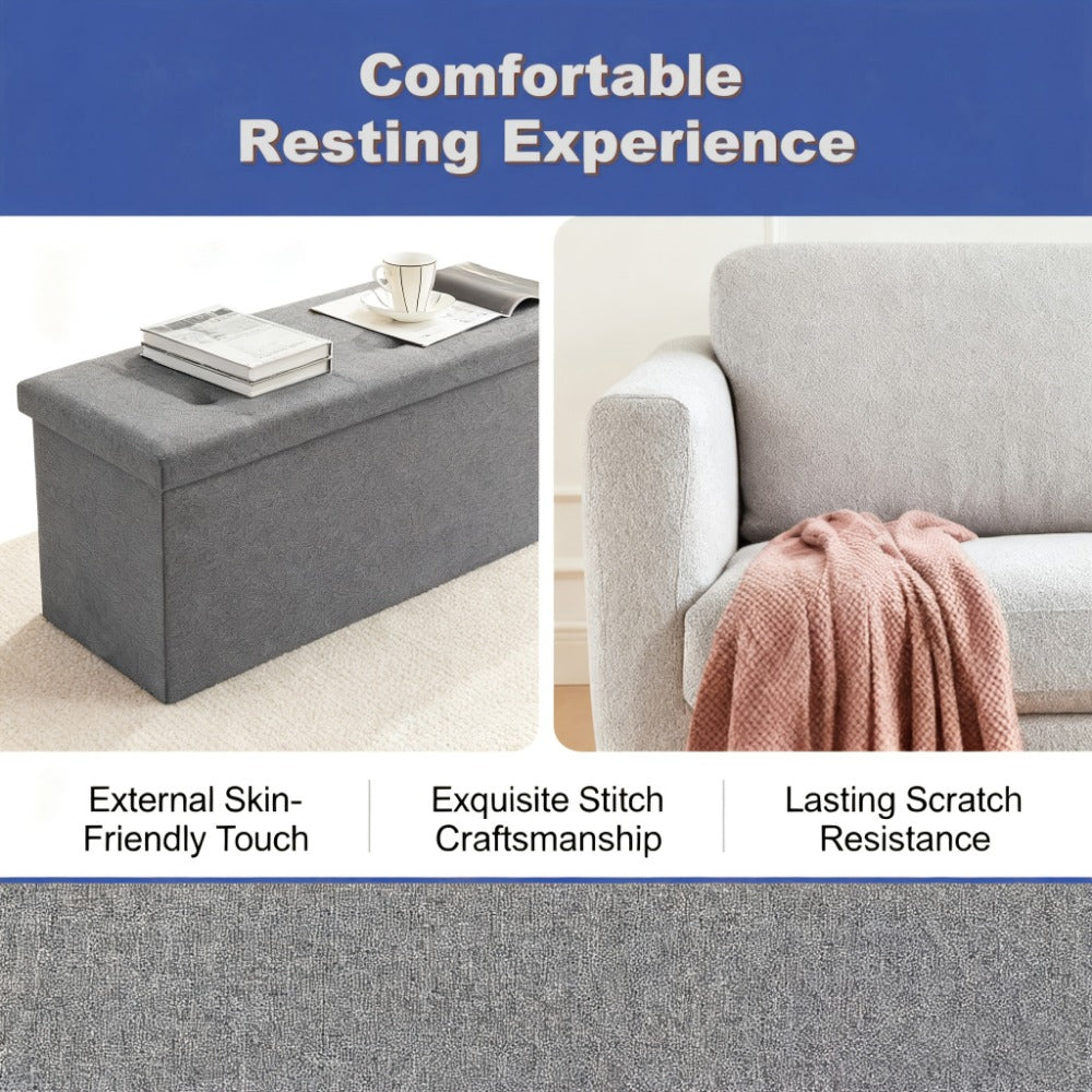Foldable Storage Ottoman Bench 30 or 43 Inch, Padded Folding Ottoman Stool with Hidden Storage for Bedroom Living Room, End of Bed Bench Footrest Chest, Gray
