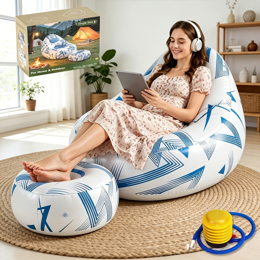 Inflatable Sofa Couch with Ottoman Portable Reclining Air Sofa for Adults Indoor Outdoor Living Room Camping Travel Collapsible Foldable Air Cushion Seating Multiple Colors