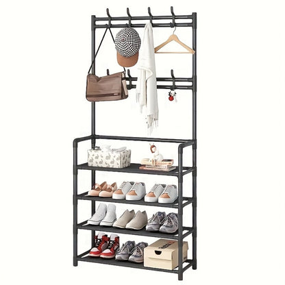 Metal Shoe Rack with Coat Hooks 5 or 10 Layer, Freestanding Shoe and Coat Organizer with Detachable Hooks for Entryway Hallway Apartment, Black White