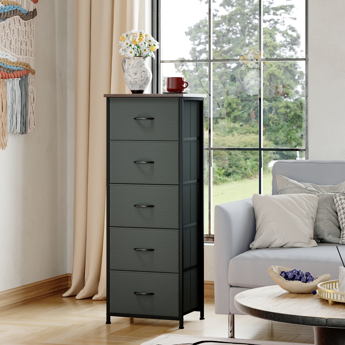 EUNOS Tall Dresser for Bedroom, Storage Organizer Chest Of Drawers with Removable Fabric Bins for Living Room Closet Bedside Laundry Entryway Hallway
