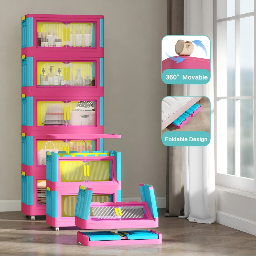 Foldable Rolling Storage Organizer 4 & 5 Tier with 360° Wheels & Magnetic Closure – Waterproof PP Stackable Shelf for Living Room, Bedroom, Kitchen & Office