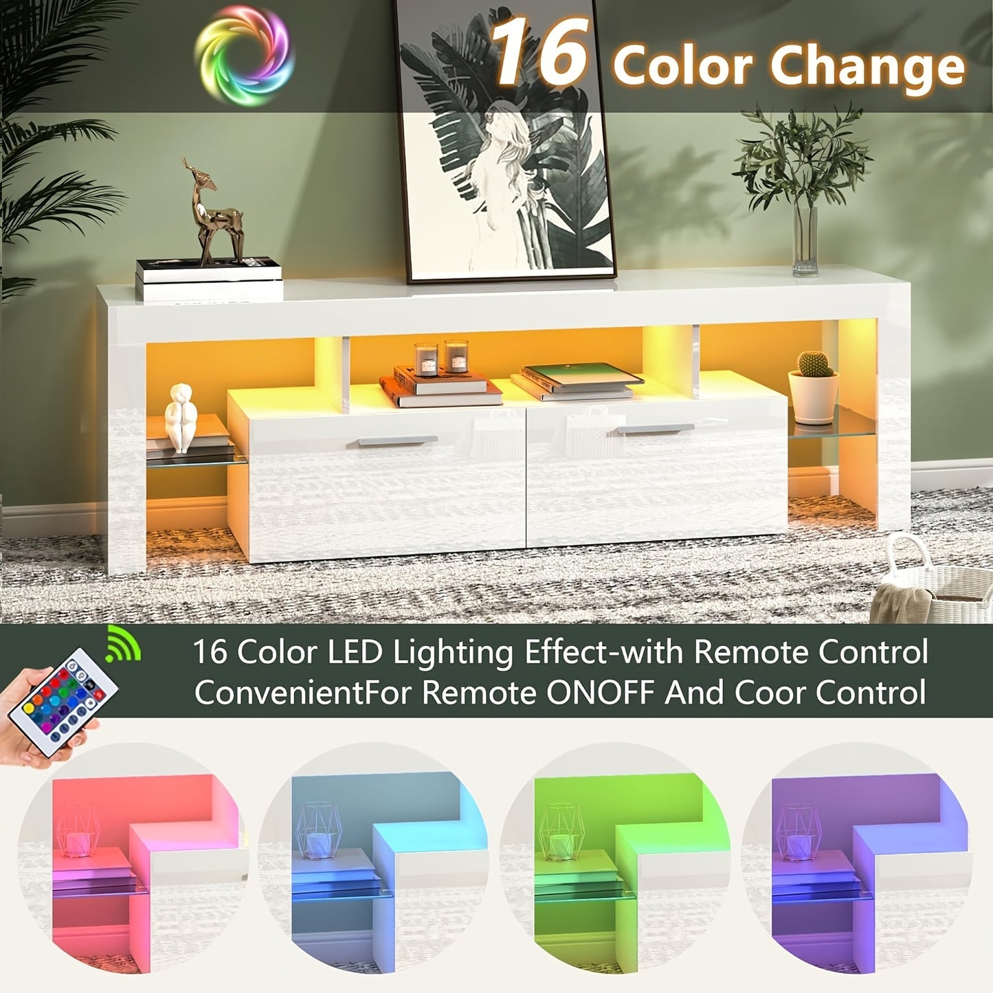 A Sleek LED TV Stand Designed for 55 to 80-Inch Televisions, Featuring a Universal Entertainment Center Equipped with Storage Drawers And LED Lighting. This Contemporary Media Console Is Suitable for Your Living Room, Game Room, Or Bedroom