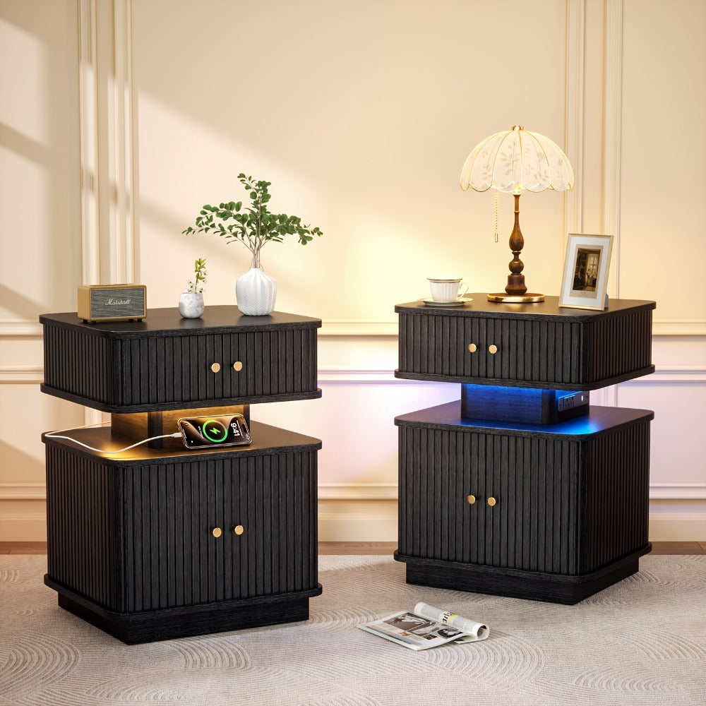 Nightstand with Charging Station and LED Light Strip, 2 Drawers Sliding Door Bedside Table with USB-A & USB-C Ports, Fluted Panel Design, Set of 1 or 2, Black & White