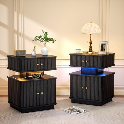 Nightstand with Charging Station and LED Light Strip, 2 Drawers Sliding Door Bedside Table with USB-A & USB-C Ports, Fluted Panel Design, Set of 1 or 2, Black & White