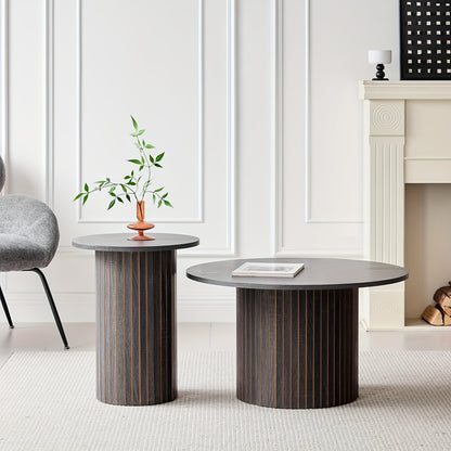 Round Nesting Coffee Tables Set of 2 - Boho Fluted Drum Side Table with Wood Grain Tabletop for Living Room, Bedroom & Apartment