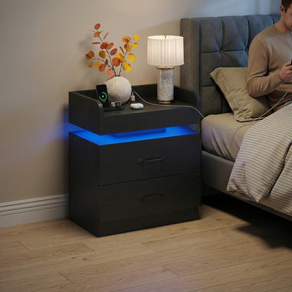 Nightstand with LED Lights & Charging Station – 2 Drawers Bedside Table, Modern End Table for Bedroom Living Room, White Black Grey, 1pc or 2pcs Set
