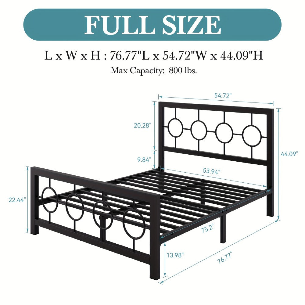 Metal Platform Bed Frame with Vintage Circular Design Headboard and Footboard Under Bed Storage No Box Spring Twin Full Queen King Black Brown