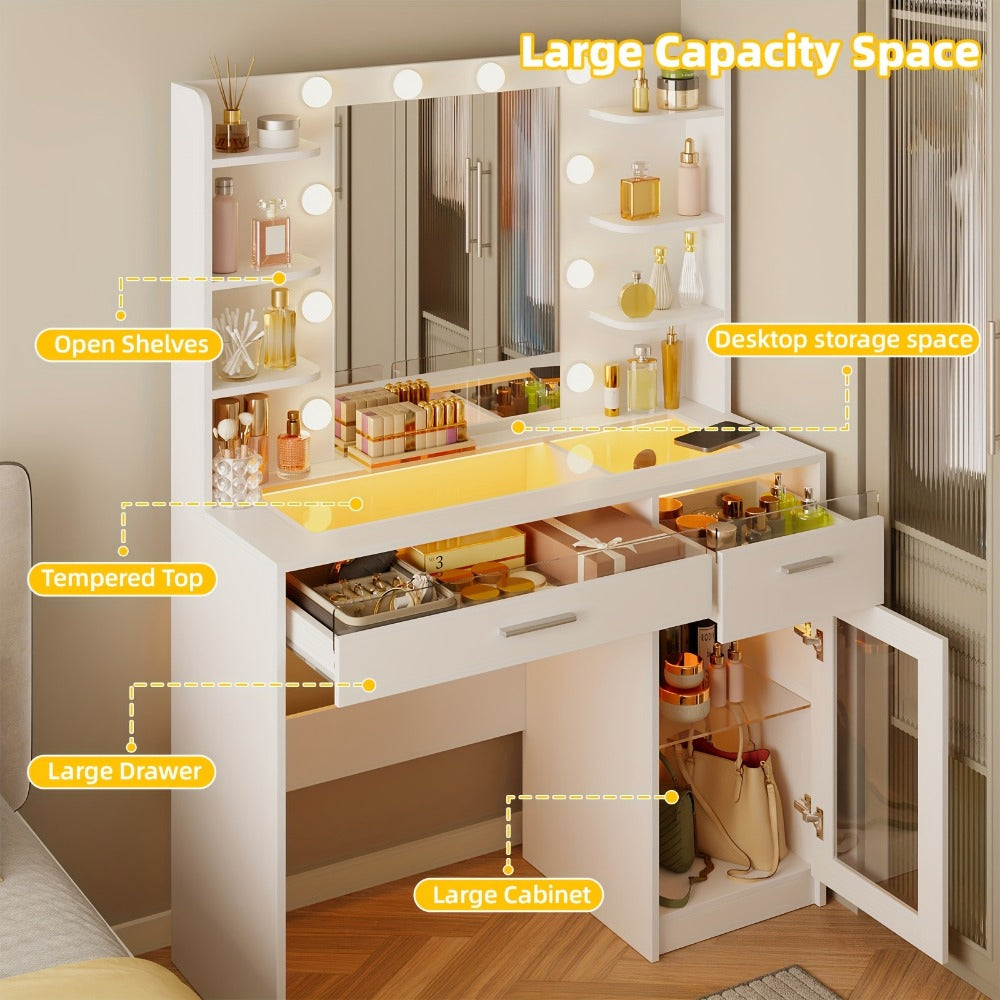Vanity Desk with Lighted Mirror Power Strip and 10 Bulbs - Makeup Table with 2 Drawers Storage Cabinet 3-Color Adjustable Lighting in White