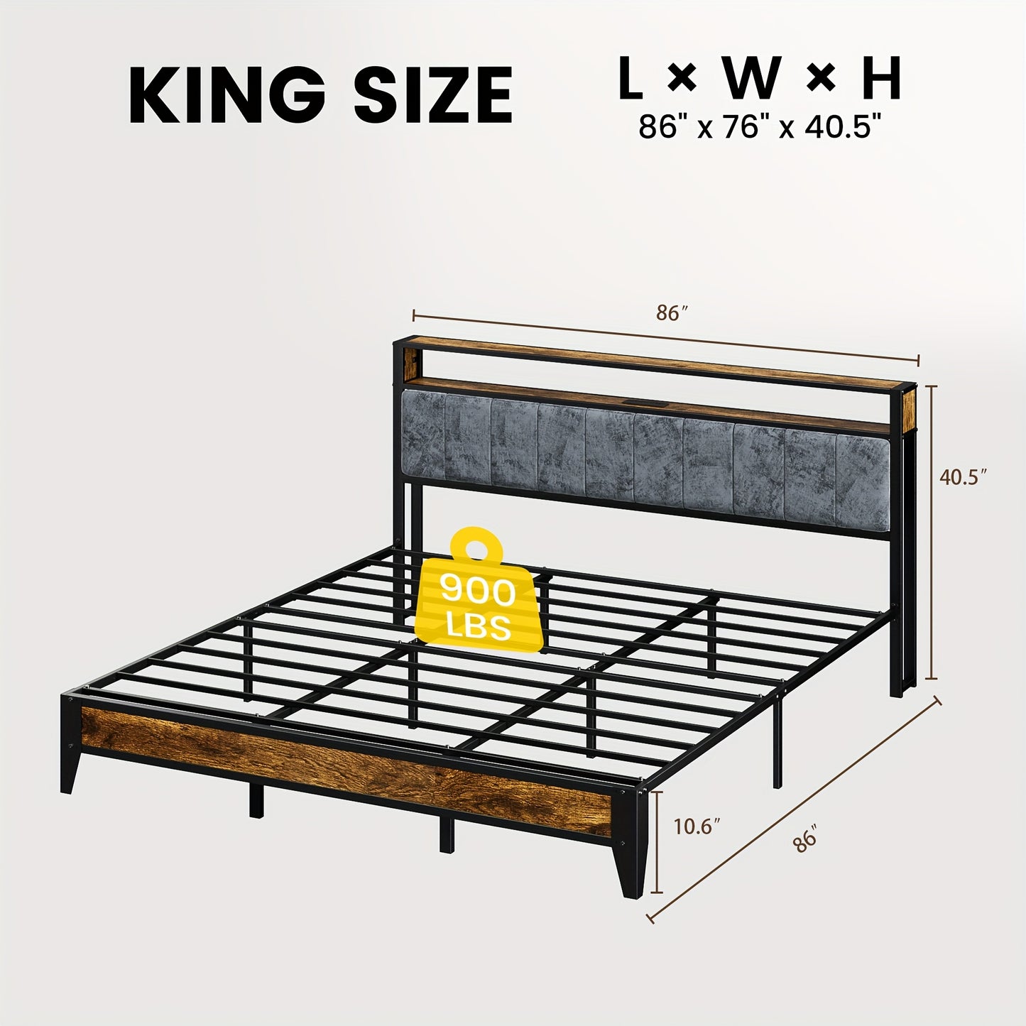 Metal Bed Frame with Headboard, Storage Shelves, LED Lights And Type-C Charging
