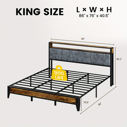 Metal Bed Frame with Headboard, Storage Shelves, LED Lights And Type-C Charging