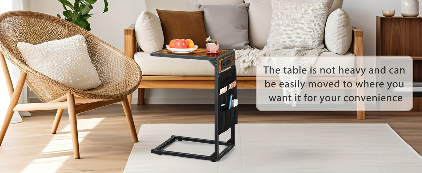 C Shaped End Table Slides Under Sofa, 50 LBS Capacity Snack Side Table for Living Room Bedroom, Multifunctional Sofa Table with Optional Charging Station & Storage Bag, 1pc or 2pcs Set