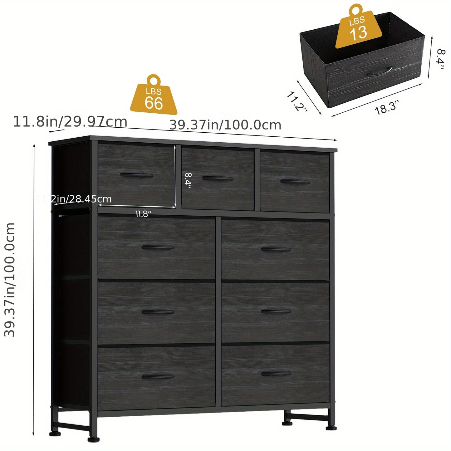 9 Drawer Fabric Dresser with Bins Tall Chest Organizer for Bedroom Closet Hallway Steel Frame Wood Top Easy Pull Handles