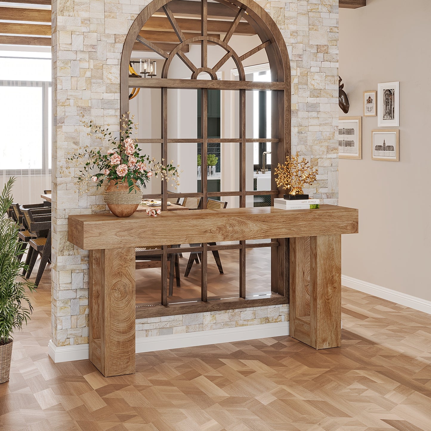 Farmhouse Console Table, 63-Inch Long Narrow Sofa Table Behind The Couch, Industrial Wooden Rectangular Entryway Table for Entrance, Hallway, Living Room (Natural)