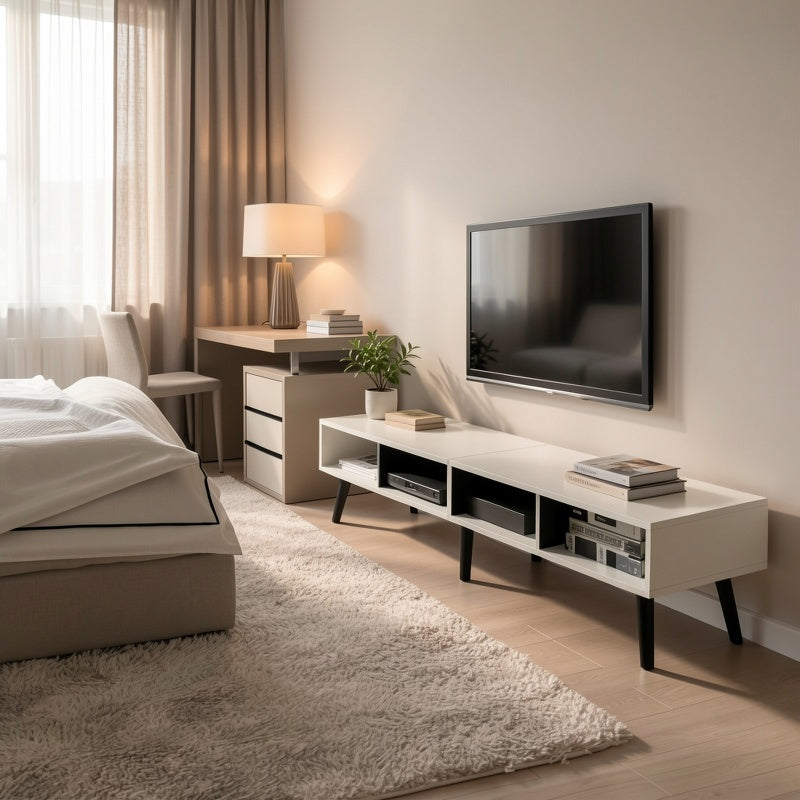 59" Modern Wooden TV Stand, Supports 65" TV, Cable Management, Living Room Television Furniture, Simple and Stylish Media Console, Easy to Assemble, Black and White