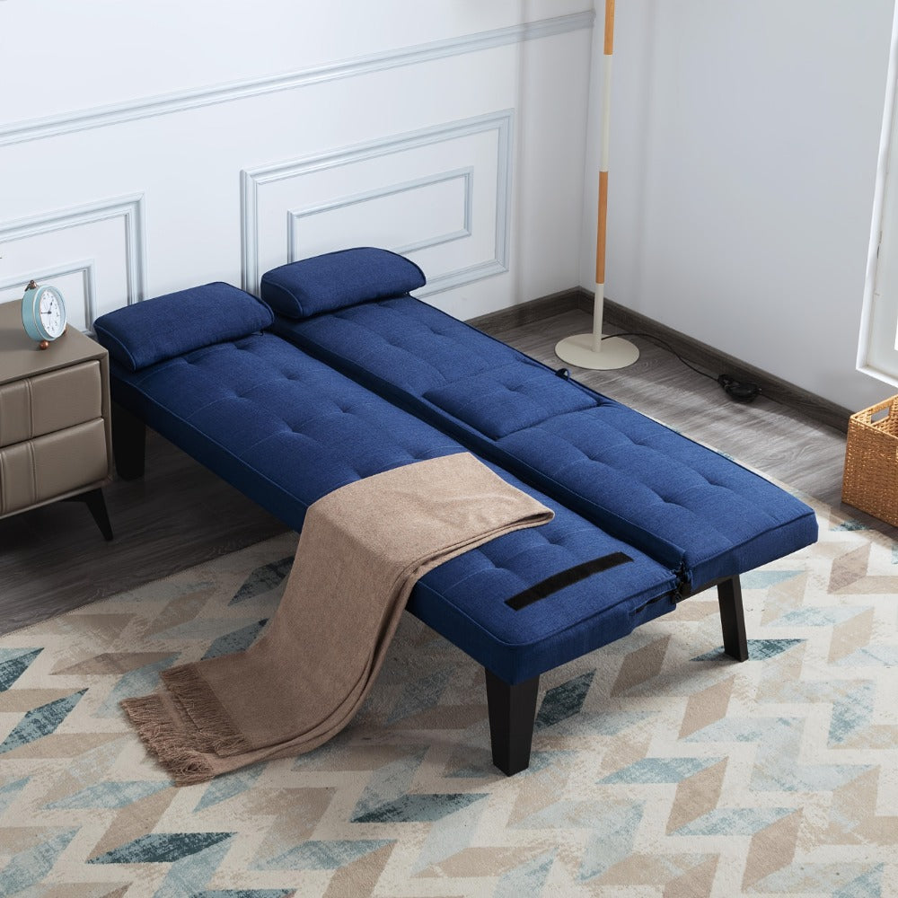 Futon Sofa Bed Convertible 65 Inch Foldable Lounge Chair Sleeper Couch with Adjustable Backrest Detachable Armrests Cup Holders Linen Upholstery Living Room Guest Room Black Gray Blue
