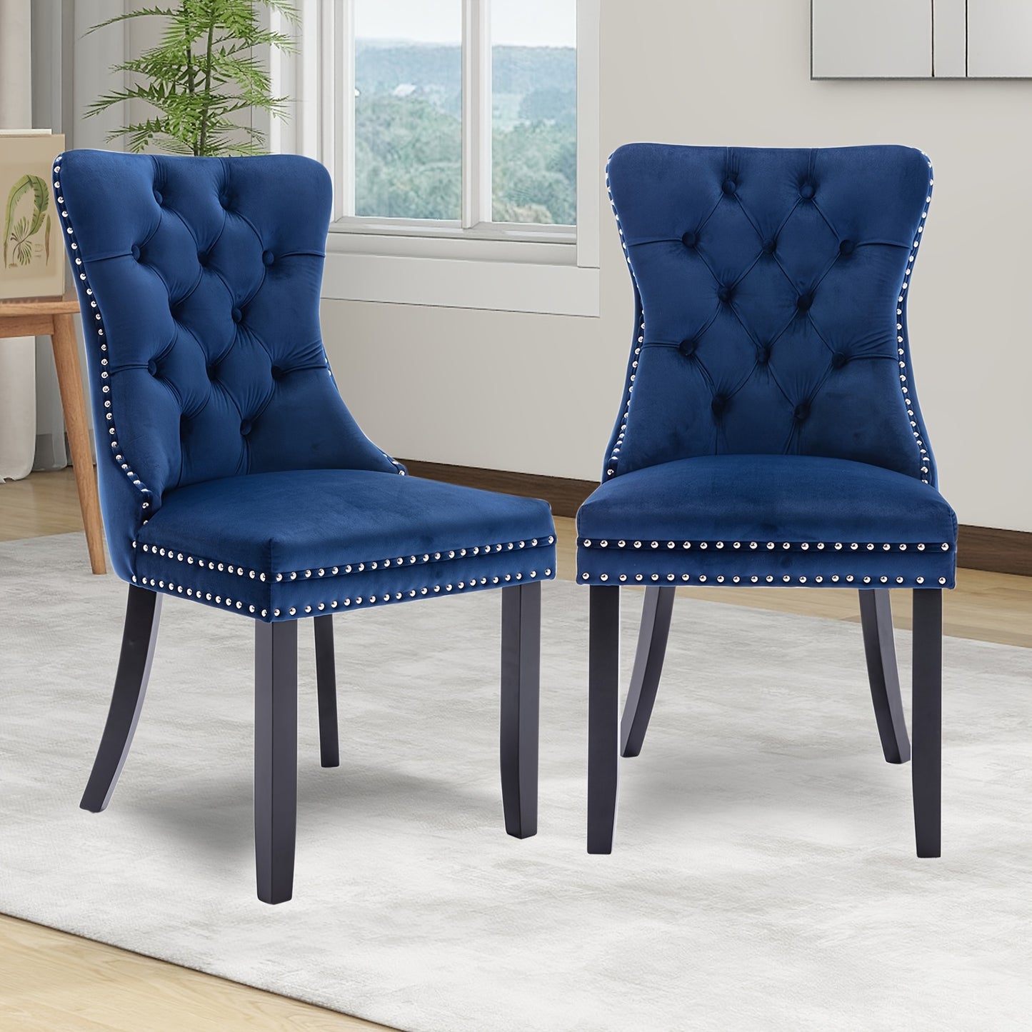 Velvet Upholstered Dining Chairs Set Of 2, Wingback Dining Room Chairs with Ring Pull Trim And Button Back, Luxury Tufted Dining Chair for Living Room, Bedroom, Kitchen