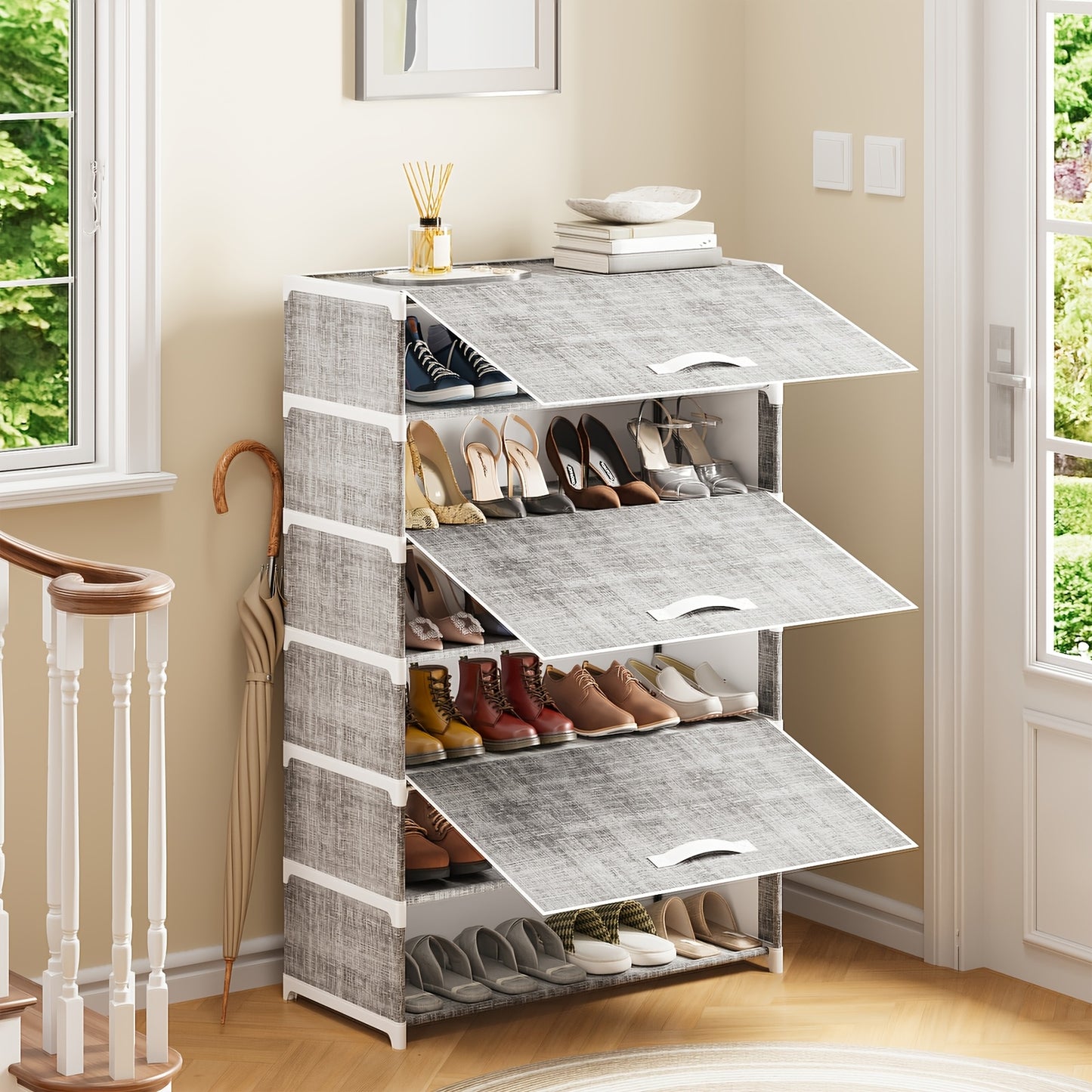 TOMNK 1pc Shoe Rack with Cover, 7 Tier 6 Grids Shoe Organizer, Large Capacity Shoe Shelf, Flip-style Shoe Rack for Closet, Entryway, Garage, Black/Gray