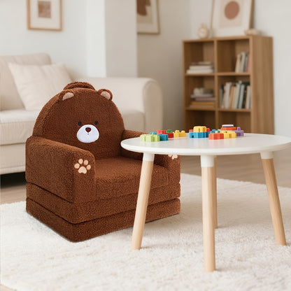 Kids Sofa 2-in-1 Convertible Kids Couch Fold Out Lounger Soft Sherpa Kids Chair High-Density Foam Sofa Cute Brown Bear Playroom Nursery Furniture for Boys Girls Room Decor