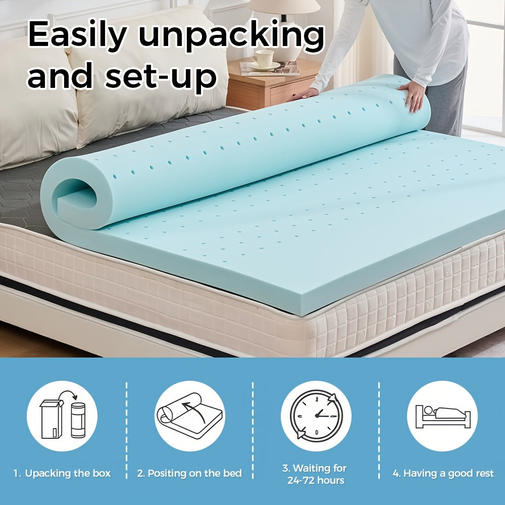 Breathable Gel Memory Foam Mattress Topper with Larger-pore Zones, Breathable Soft Mattress Topper, Cooling Mattress Topper, Gel, High-quality Memory Foam Mattress; Available In 1.5", 2", 3", And 4" Thicknesses for A Variety Of Options, Blue