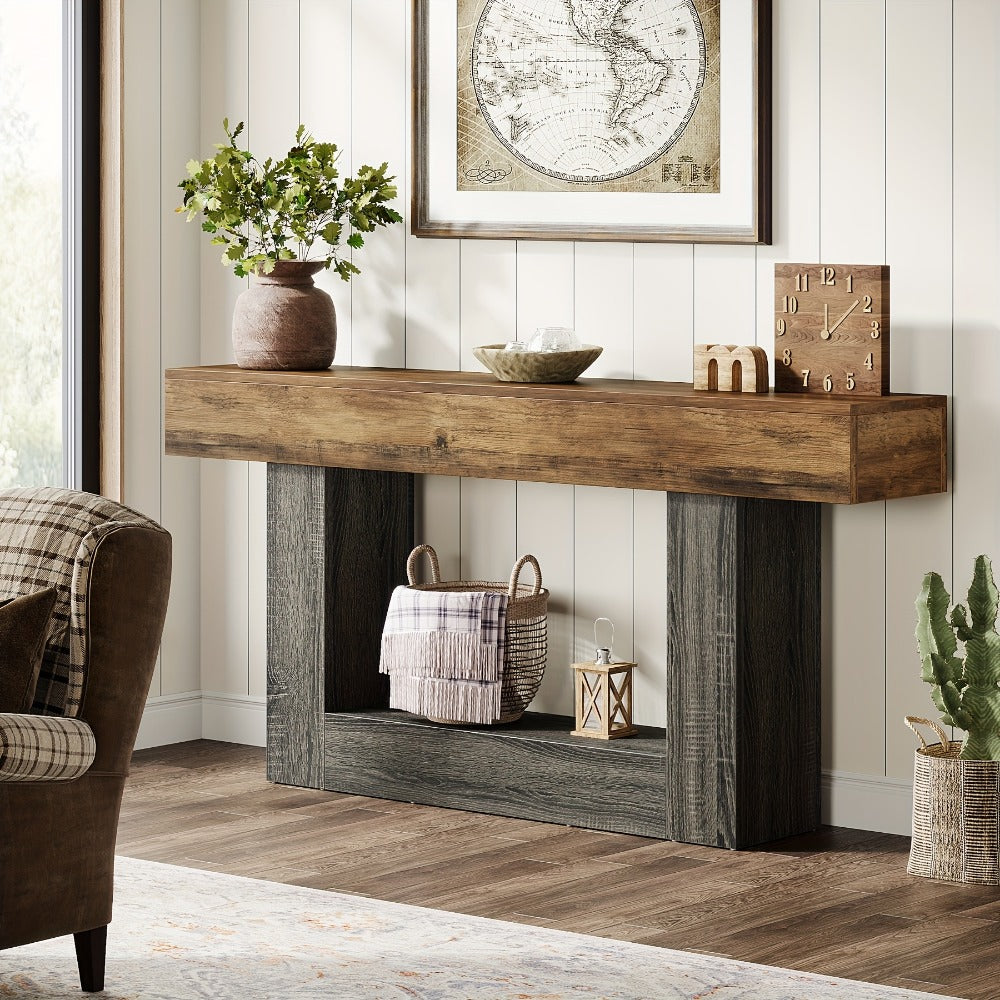 63 Inch Farmhouse Console Table with U-Shaped Base & 2-Tier Shelves, Rustic Brown & Grey Two-Tone Sofa Table for Living Room Hallway Foyer Entryway