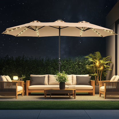 15 Ft Solar LED Patio Umbrella Double Sided with Base 48 LED Lights UPF50+ UV Protection 12-Rib Crank Handle for Lawn Garden Deck Pool 5 Colors
