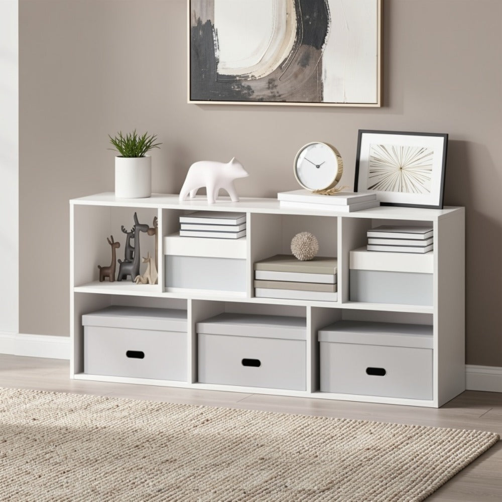 7-Cube Bookcase Storage Organizer with Open Shelves – Engineered Wood Cube Shelf Unit for Living Room, Bedroom, Home Office & Kids Room, White, Grey, White/Pink