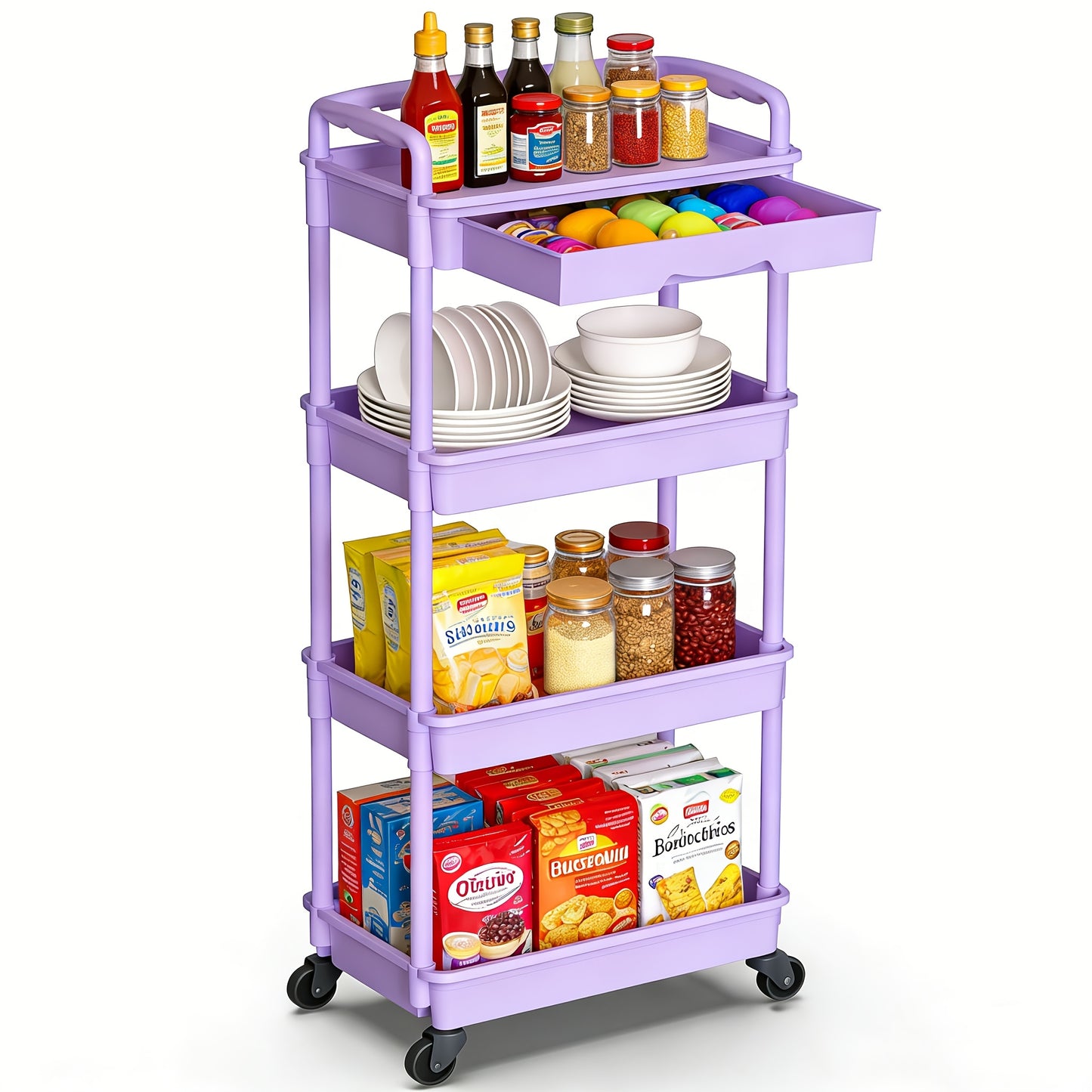 Rolling Storage Cart with Drawers 3 or 4 Tier Plastic Organizer Lockable Wheels Cup Holder Hooks for Kitchen Bathroom Living Room Bedroom Purple Black Blue Green Grey Pink White