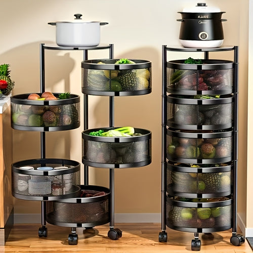 5-Tier Rotating Storage Cart | 360° Spinning Round Organizer with Wheels, No Assembly Required, Space-Saving Iron Frame, Ideal for Fruits, Vegetables, Documents - Freestanding, Ergonomic, Spray End storage and organization